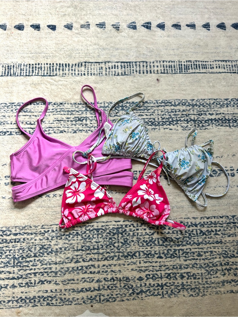 Set of 3 Triangle & Bralette Bikini Tops - Pink, Floral, Blue floral